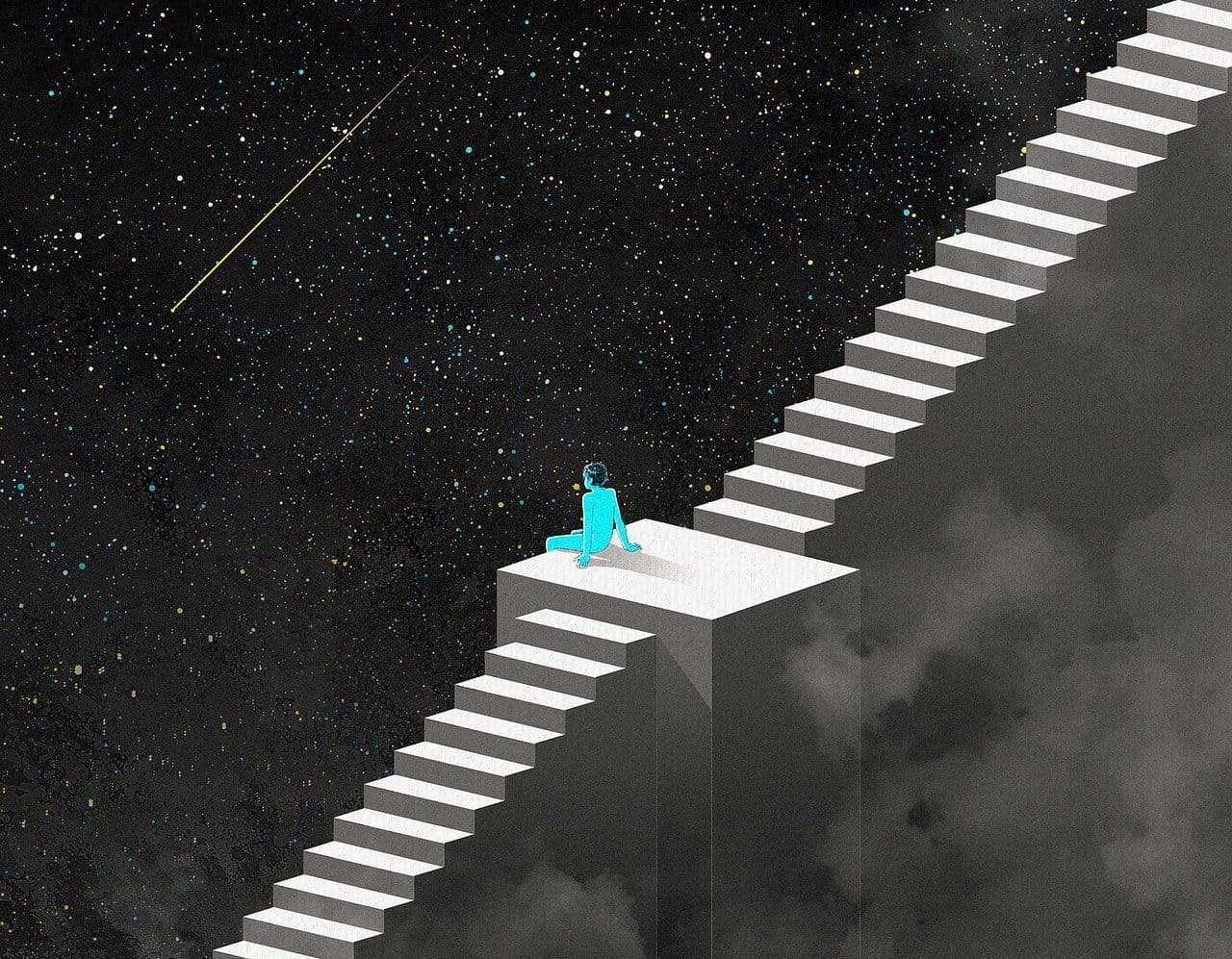 Image of person sitting on stairs looking out at stars. Source: https://pixabay.com/users/cdd20-1193381/